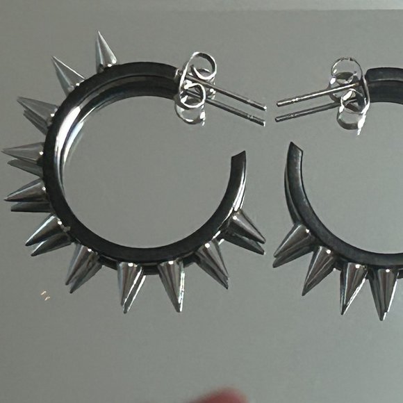 Punk Rock Star Black Silver Spike Stainless Steel Pierced Hoop Earrings - Picture 5 of 5
